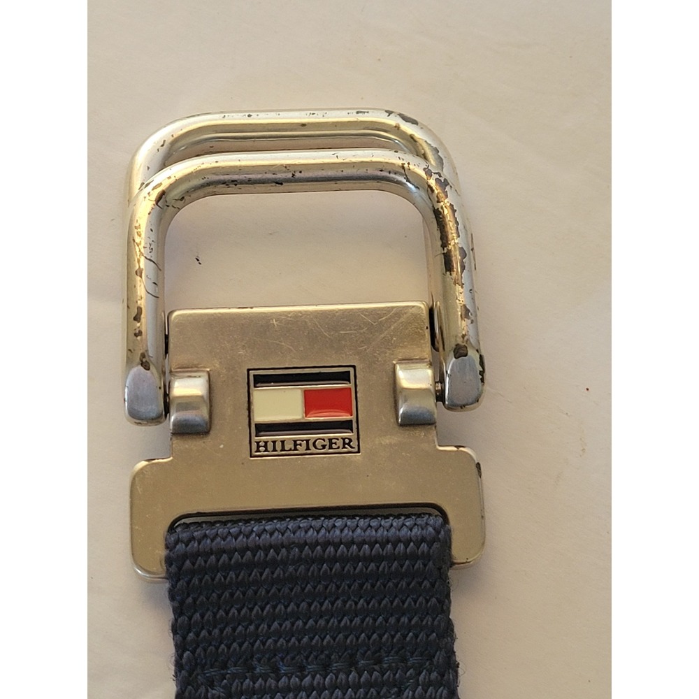 Tommy Hilfiger Mens Navy Blue Web Belt Double D-Ring Buckle Silver Tone Logo